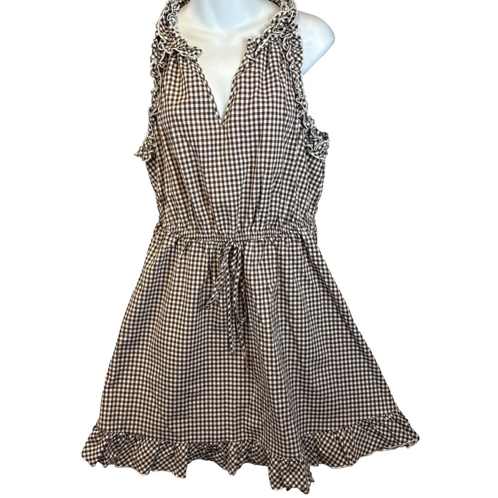 NWT Cupshe All Fluff Brown Gingham Mini Dress XL 100% Cotton Elastic Waist